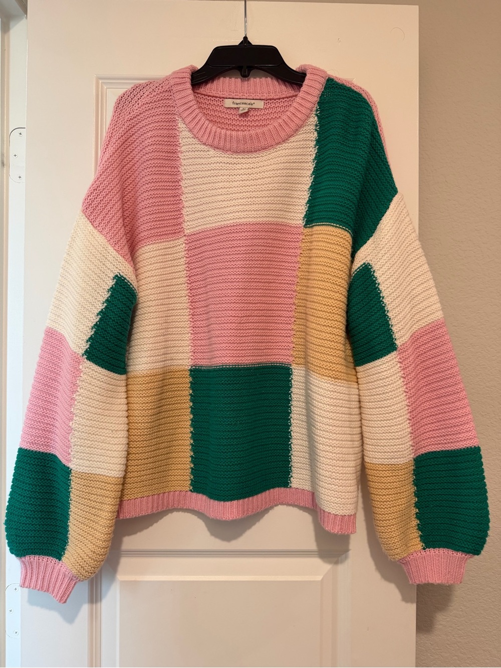 Francesca’s M Pink Green Cream Patchwork Colorblock Oversized Knit Sweater
